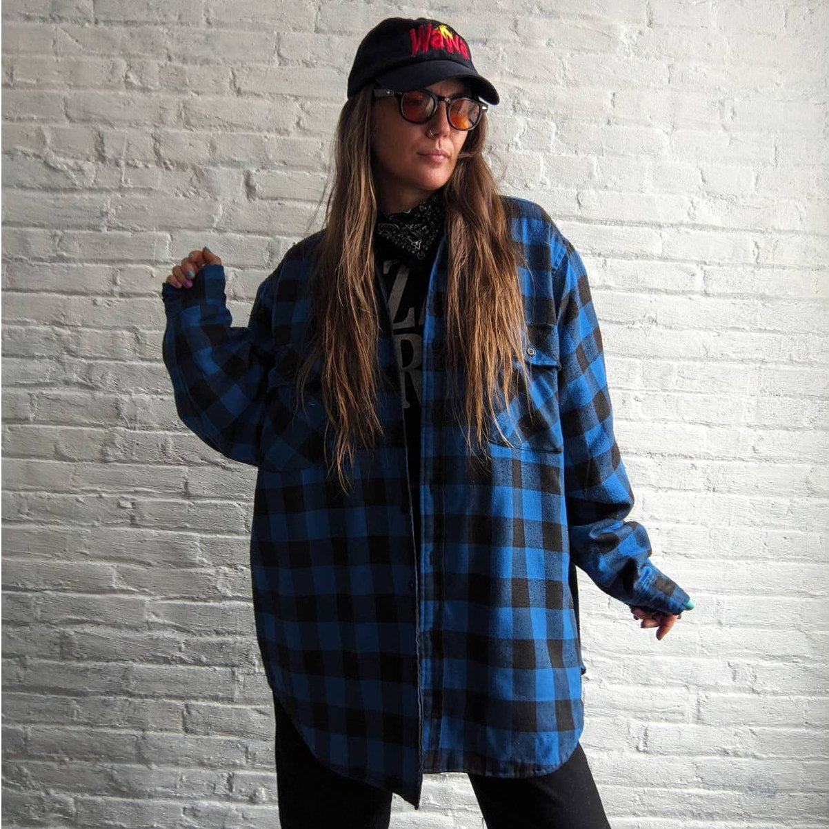 Y2K Vintage Blue Plaid Flannel Utility Blanket Thermal Oversize Coat Jacket