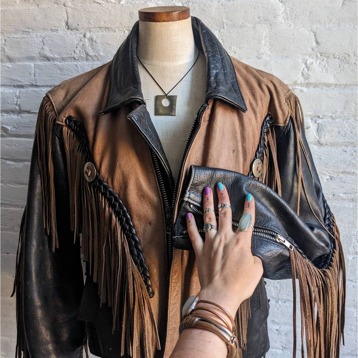Vintage Two Tone Southwest Leather Fringe Biker Jacket Concho Motorcycle Western