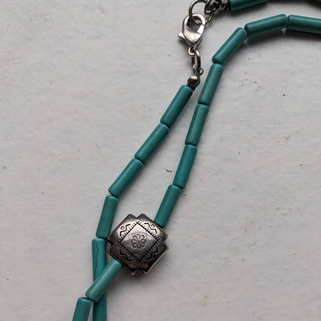 Vintage Southwest Turquoise Concho Necklace Silver Bolo Floral Americana Jewelry