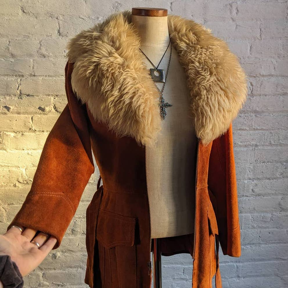 70s Penny Lane Groovy Suede Fur Jacket Furry Genuine Leather Mod Trench Coat