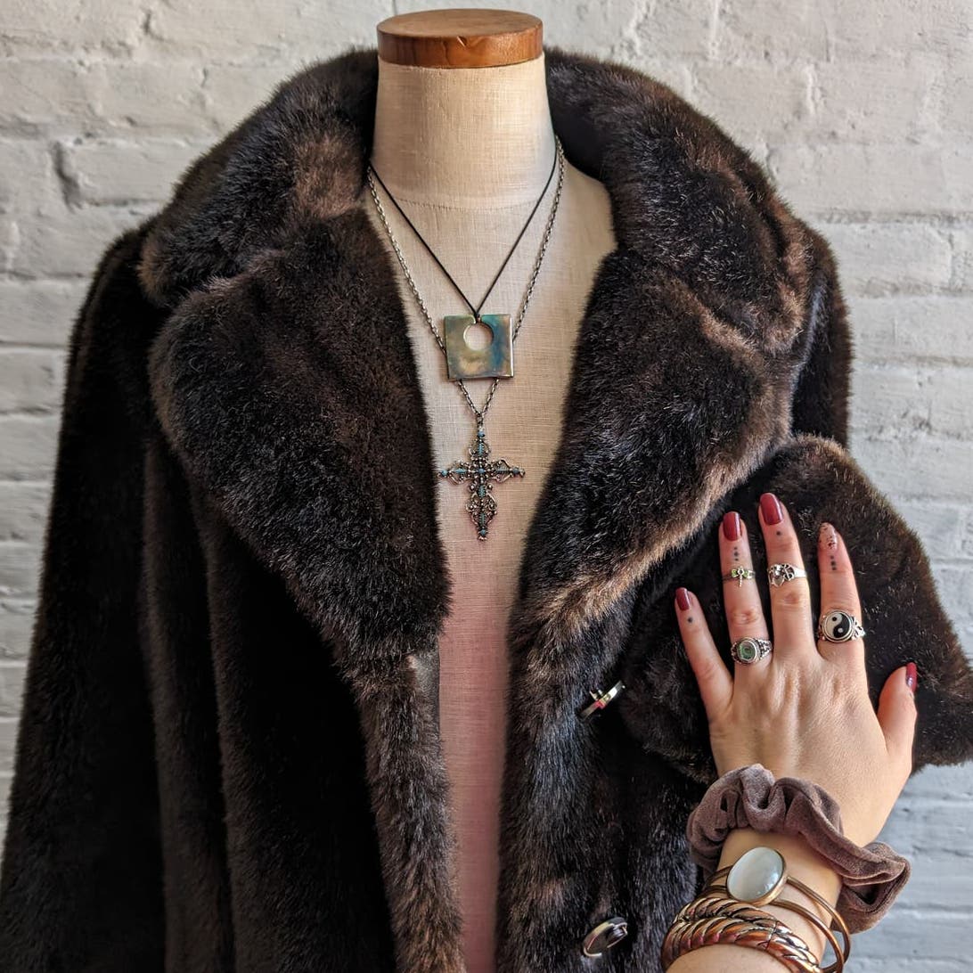70s Vintage Vegan Mink Fur Trench Coat Mob Wife Black Brown Penny Lane Jacket