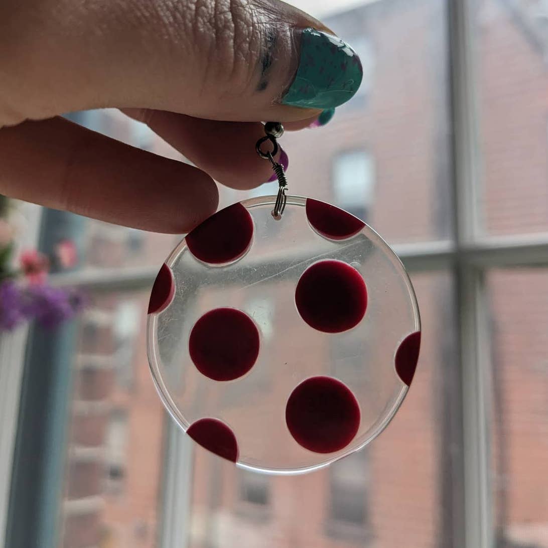 Retro 60s style Mod Oversize Red Polkadot Circular Clear Resin Dangle Earrings