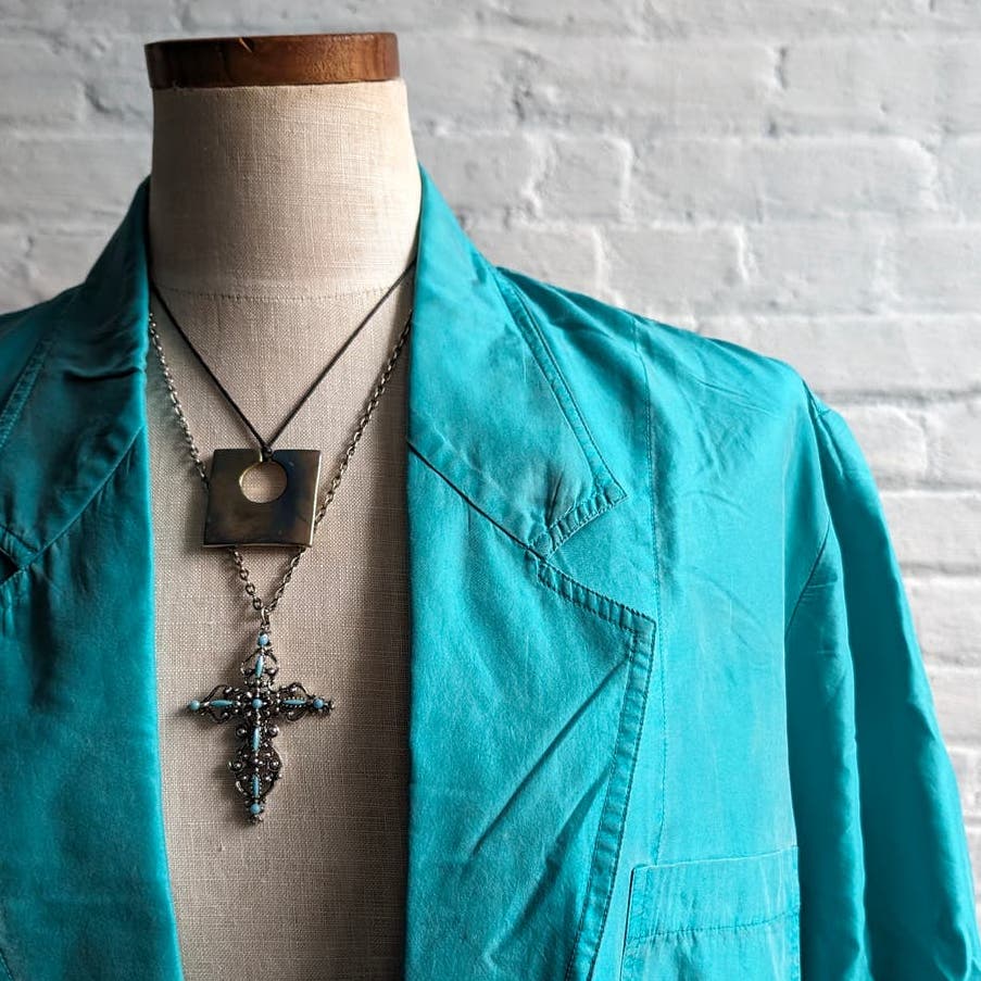90s Vintage Blue Silk Romance Minimalist Duster Distressed Grunge Jacket Robe