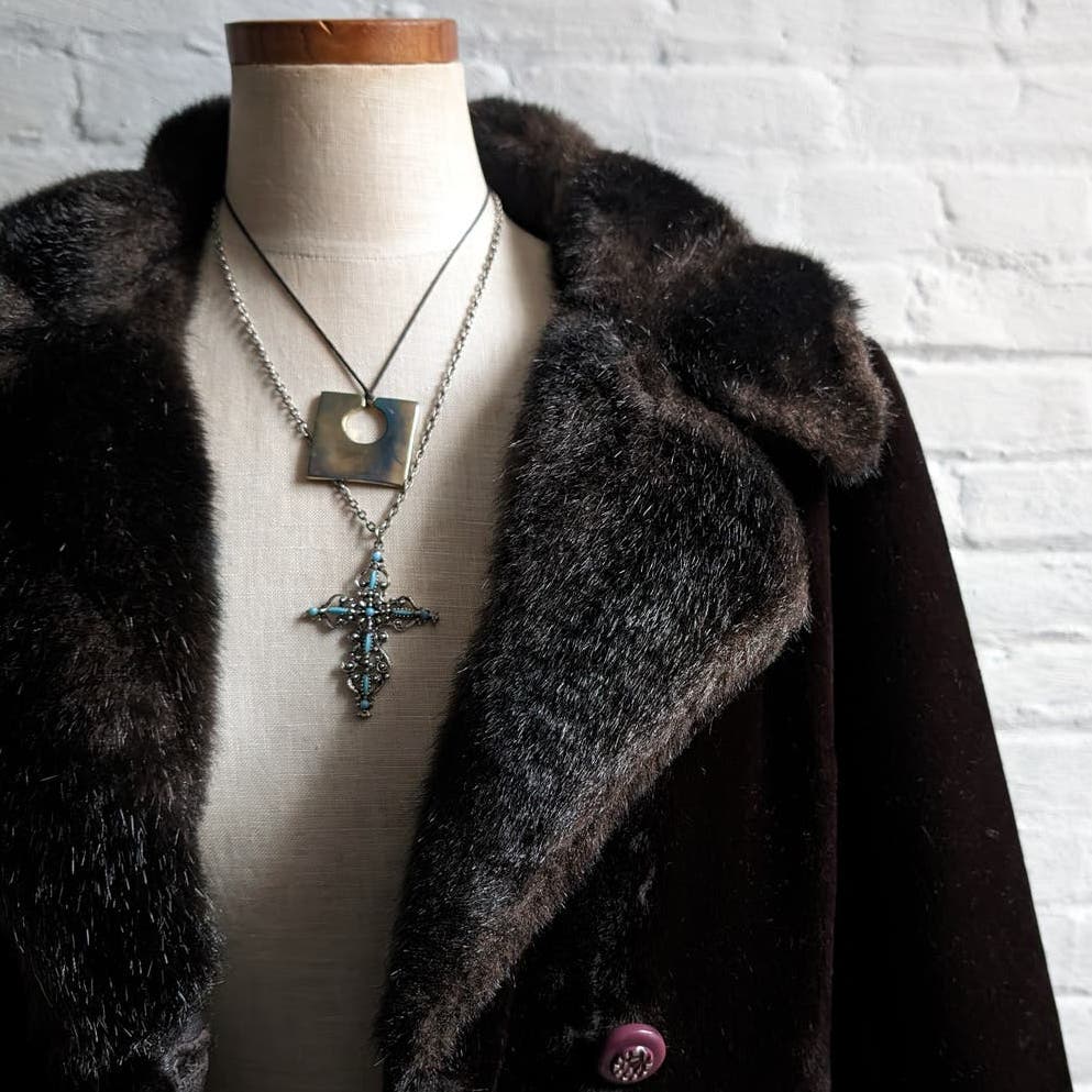 70s Vintage Vegan Velvet Fur Trench Coat Mob Wife Black Brown Penny Lane Jacket