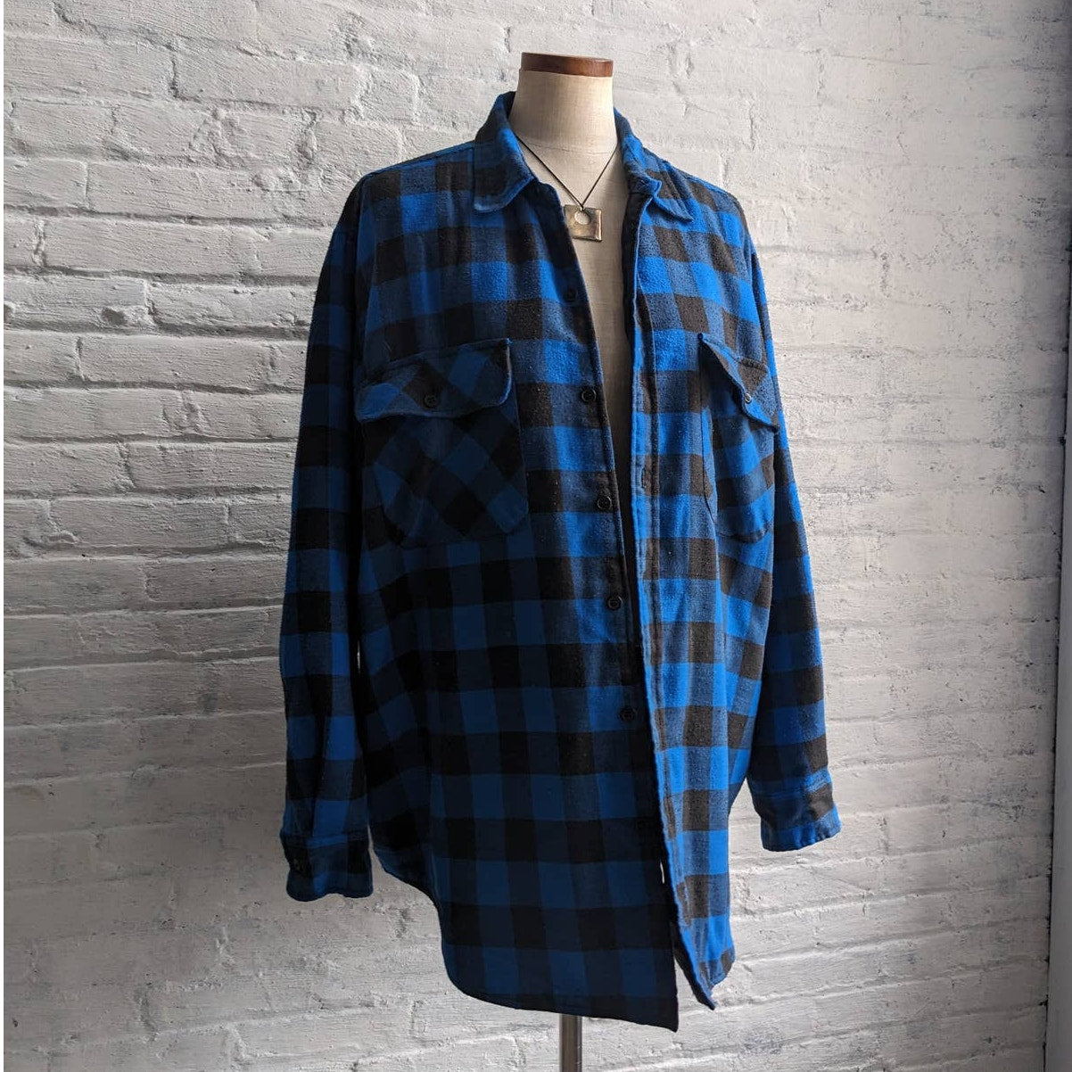 Y2K Vintage Blue Plaid Flannel Utility Blanket Thermal Oversize Coat Jacket