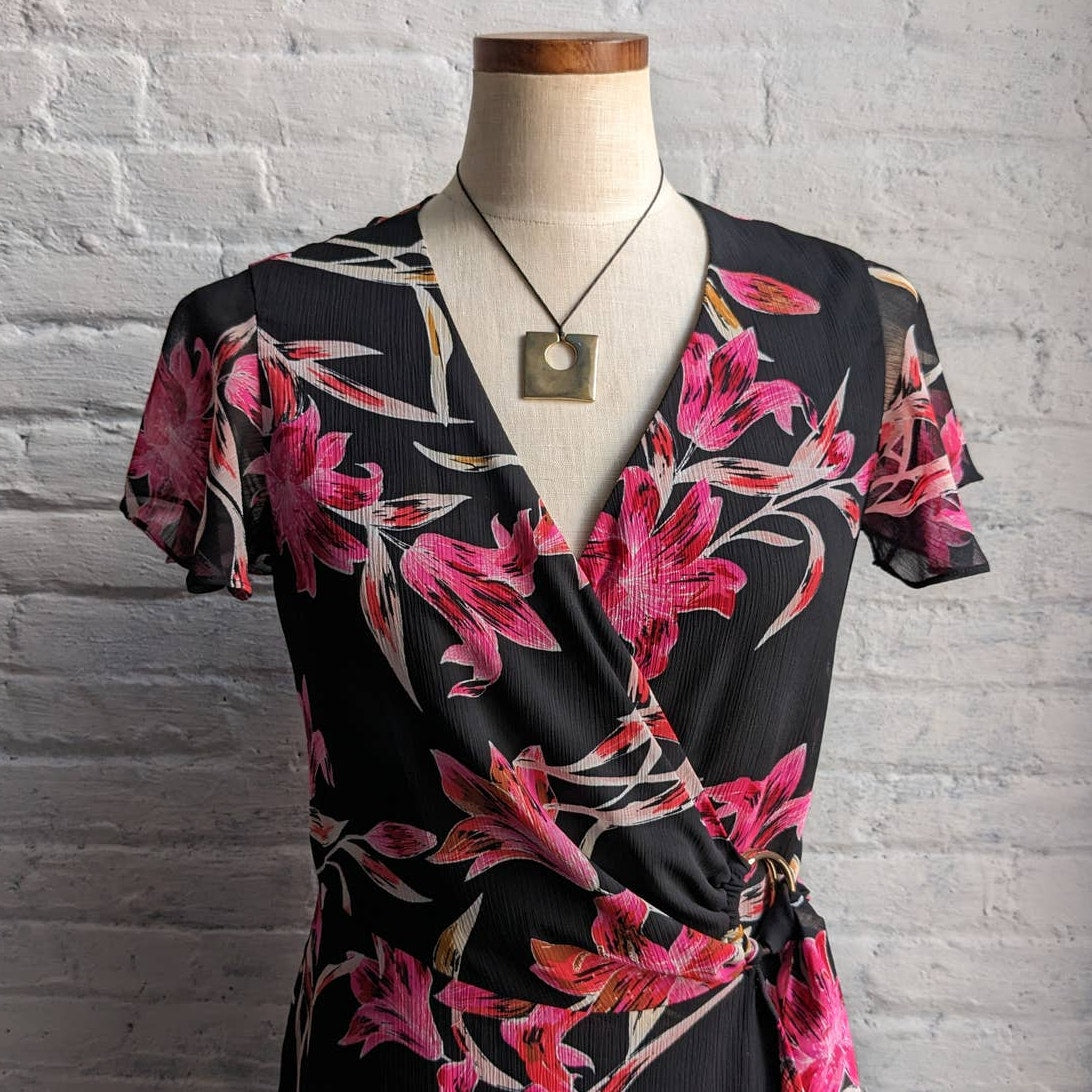 Joseph Ribkoff Black Floral Maxi Dress Flowy Ruffle Boho Chic Fairycore Dress