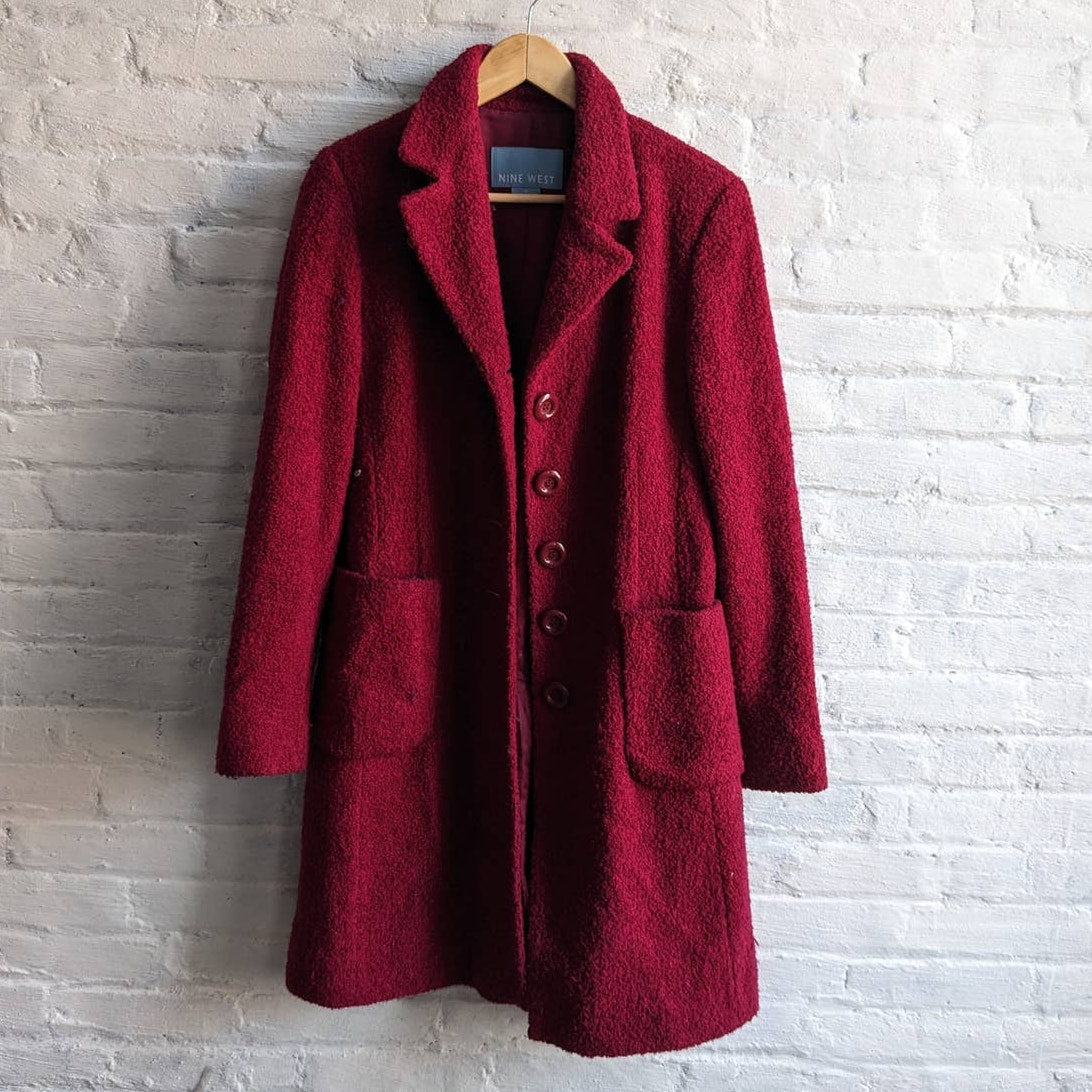 Y2K Vintage Red Trench Coat Boucle Knit Jacket Maroon Pink Wool Jacket Medium