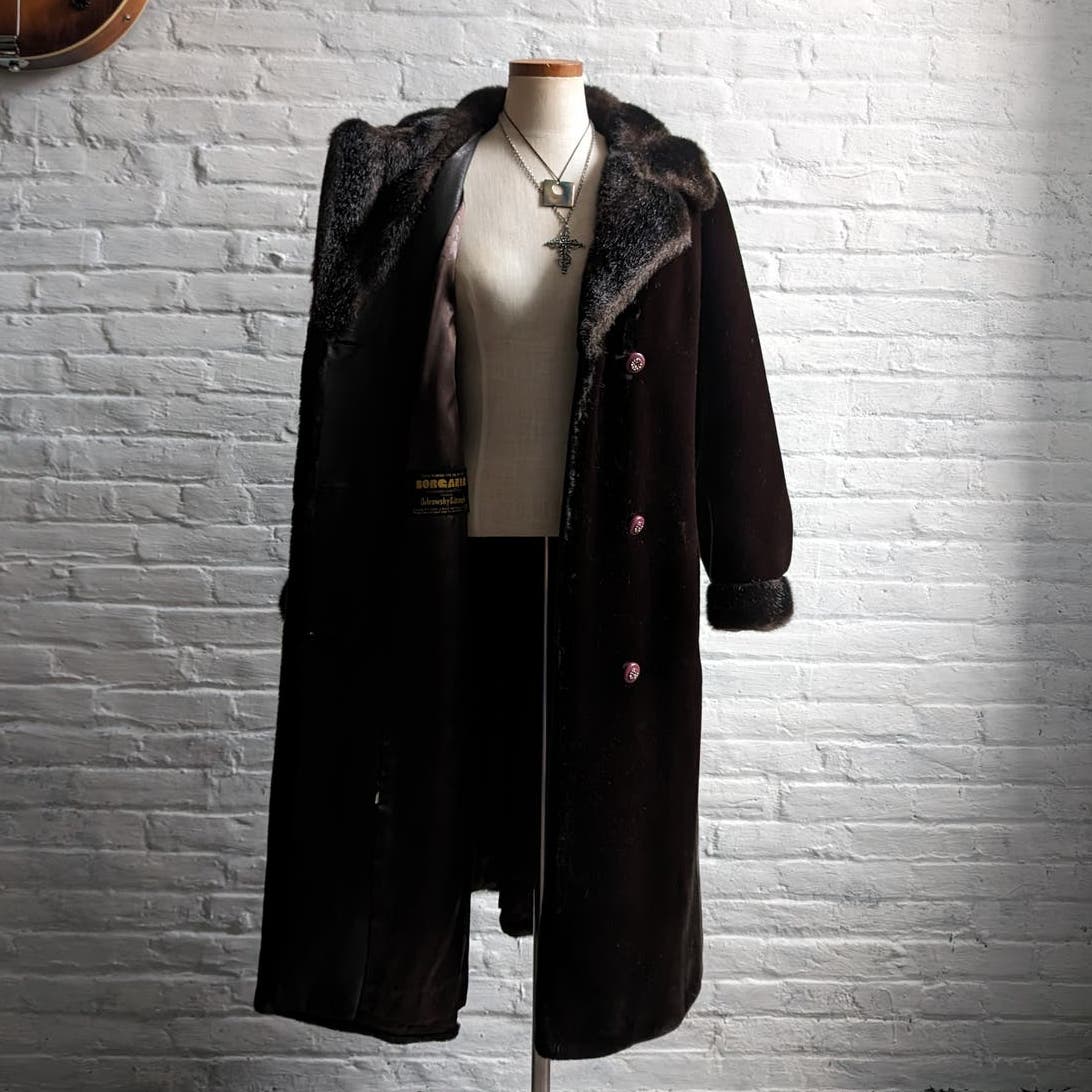 70s Vintage Vegan Velvet Fur Trench Coat Mob Wife Black Brown Penny Lane Jacket