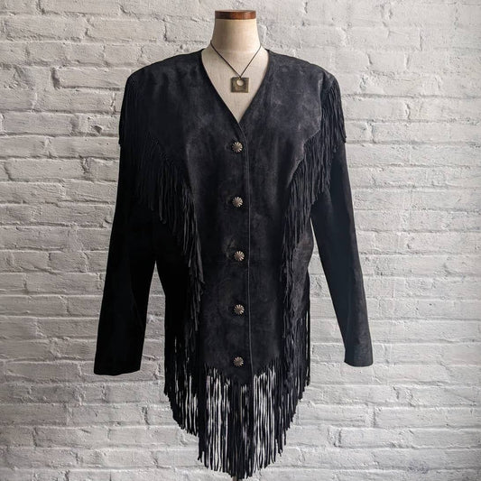 Vintage Black Suede Leather Fringe Cowboy Jacket Western Genuine Leather Coat