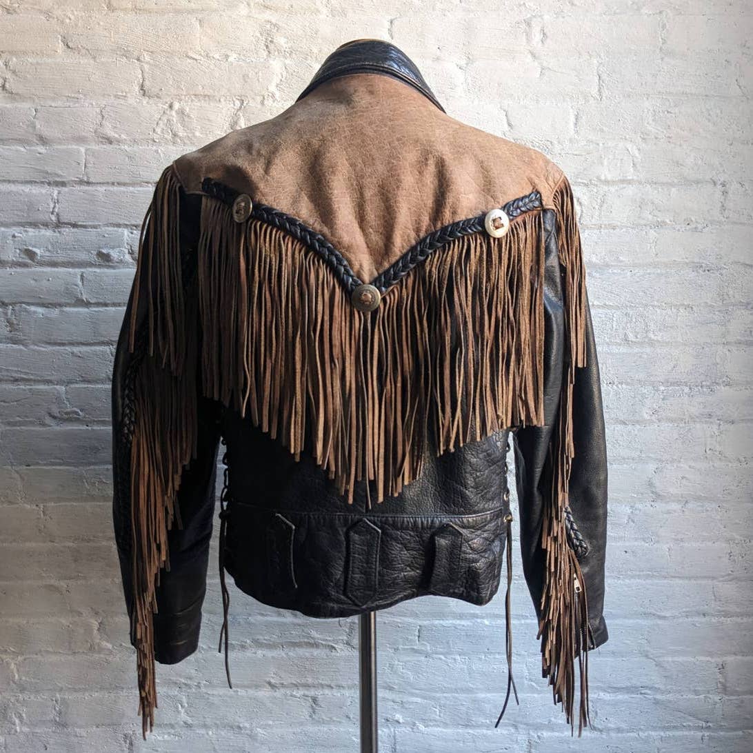 Vintage Two Tone Southwest Leather Fringe Biker Jacket Concho Motorcycle Western