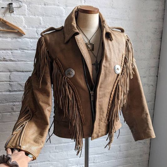 Vintage Light Caramel Brown Southwest Leather Fringe Biker Jacket