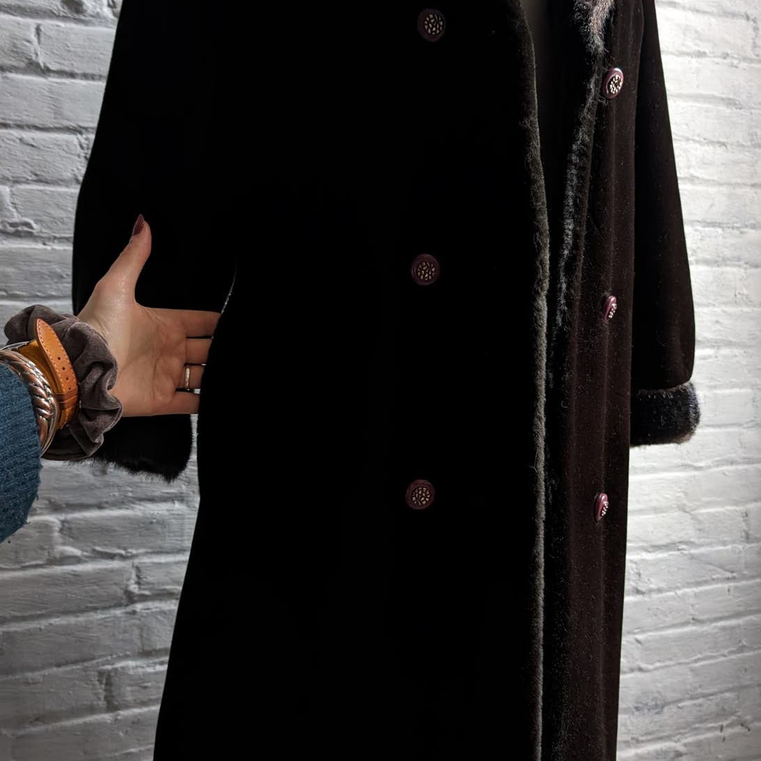 70s Vintage Vegan Velvet Fur Trench Coat Mob Wife Black Brown Penny Lane Jacket