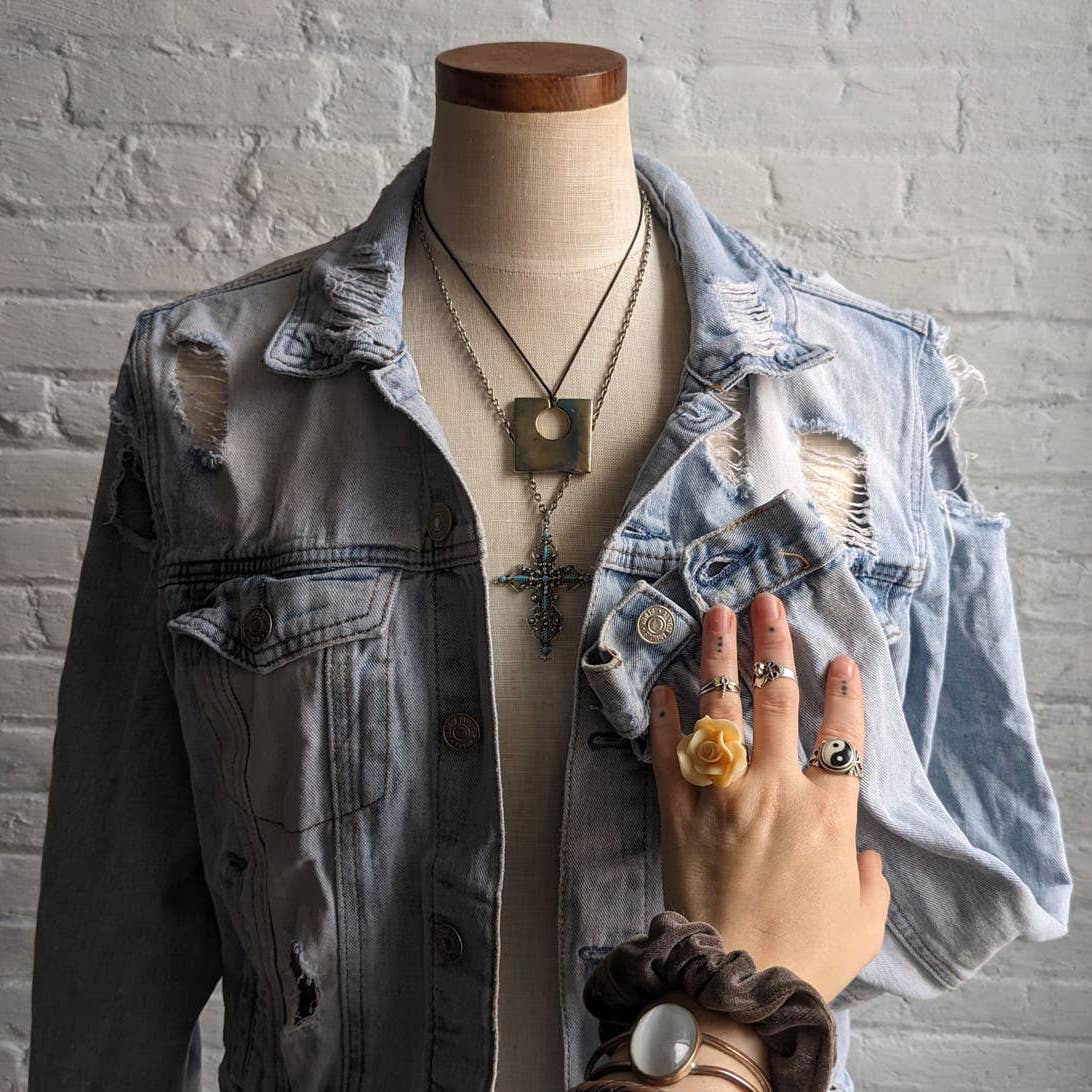 Y2K Distressed Biker Denim Jacket Grunge Acid Wash Coat Minimalist Jean Shacket