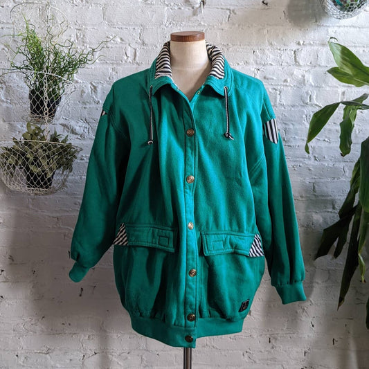 Vintage Oversize Sweater Jacket Reversible Green Sweat Jacket Fleece Coat Large