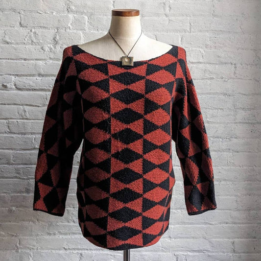 Vintage Dark Romance Fuzzy Argyle Knit Sweater Oversize Coral Back Diamond Top