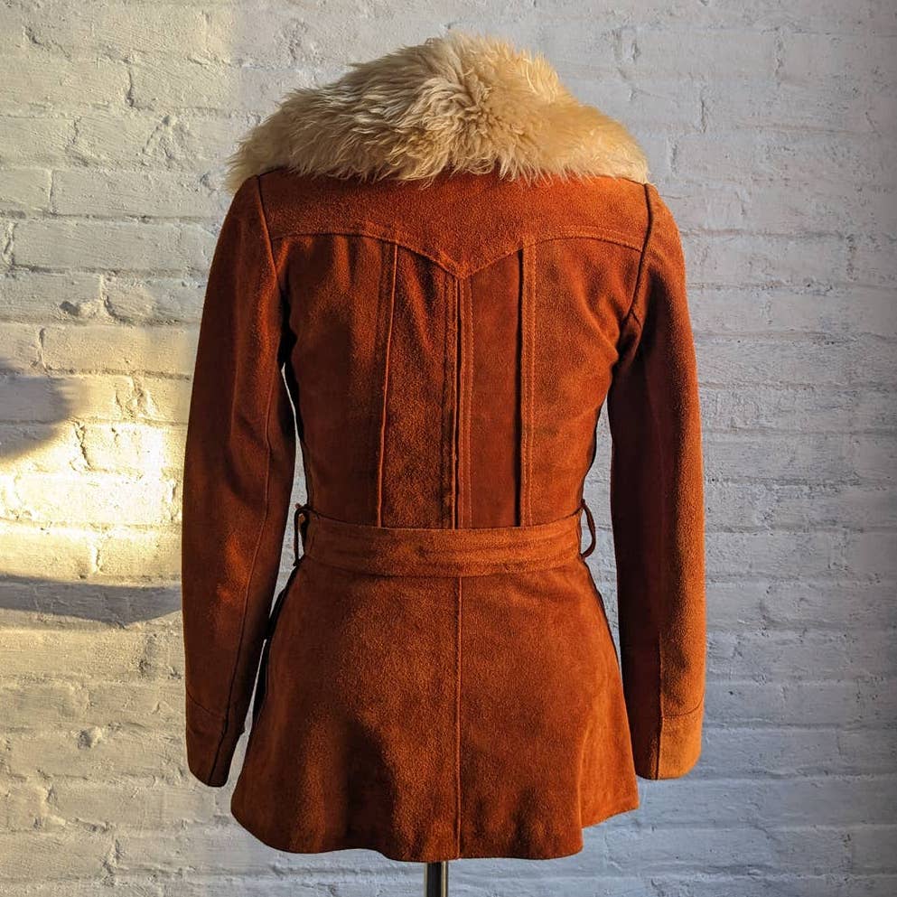 70s Penny Lane Groovy Suede Fur Jacket Furry Genuine Leather Mod Trench Coat