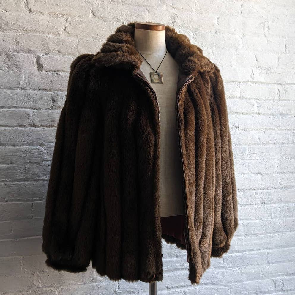 70s Vintage Jordache Brown Fur Minimalist Furry Faux Mink Bomber Jacket Coat