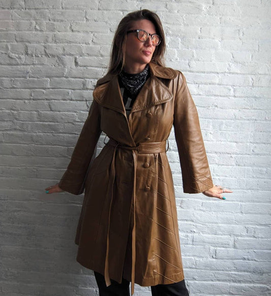 70s Vintage Groovy Tan Leather Belted Duster Chic Caramel Trench Coat Jacket