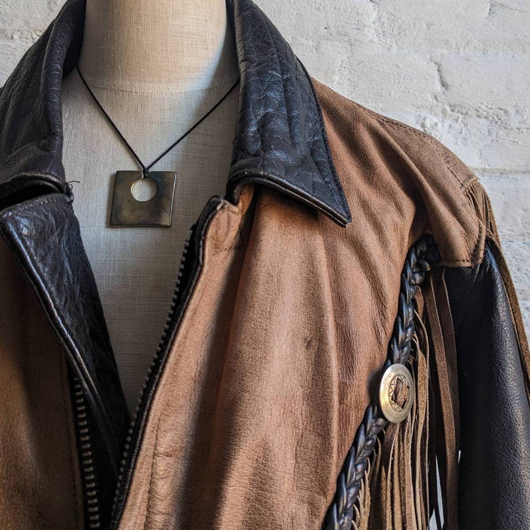 Vintage Two Tone Southwest Leather Fringe Biker Jacket Concho Motorcycle Western