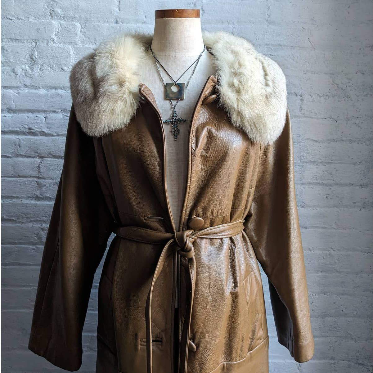 Vintage Minimalist Leather Penny Lane Trench Coat Belted Genuine Fox Fur Jacket