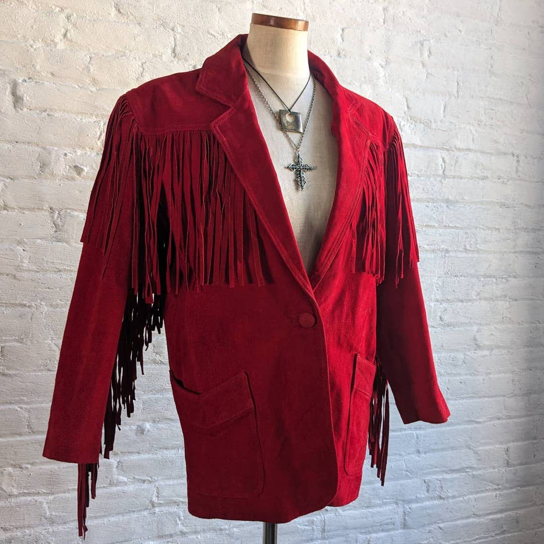 Vintage Cherry Red Suede Leather Fringe Southwest Biker Jacket Moto Western Coat