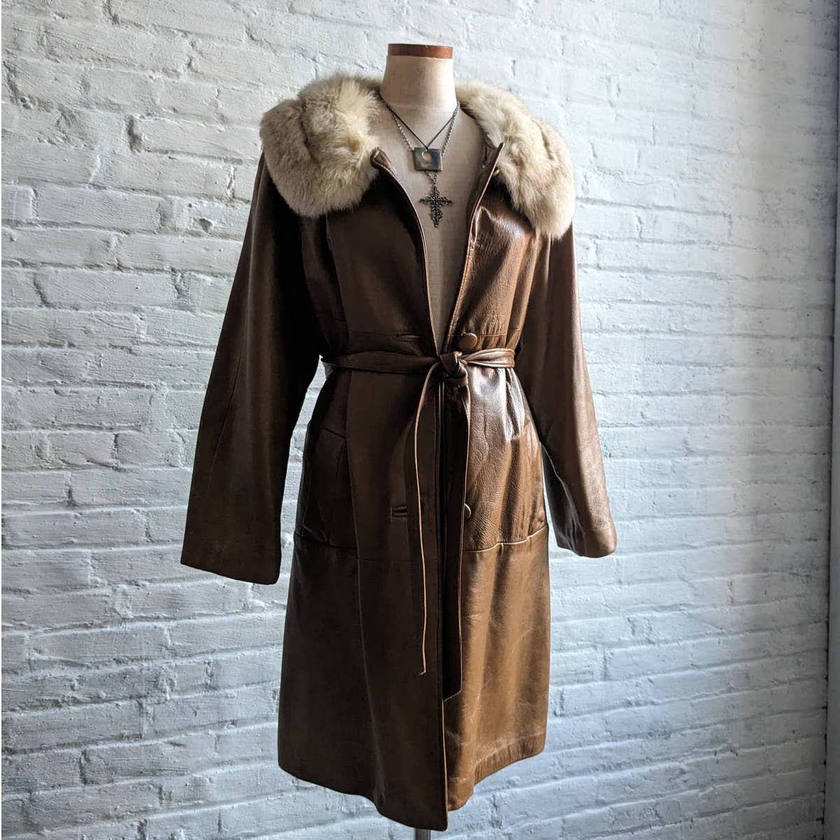 Vintage Minimalist Leather Penny Lane Trench Coat Belted Genuine Fox Fur Jacket