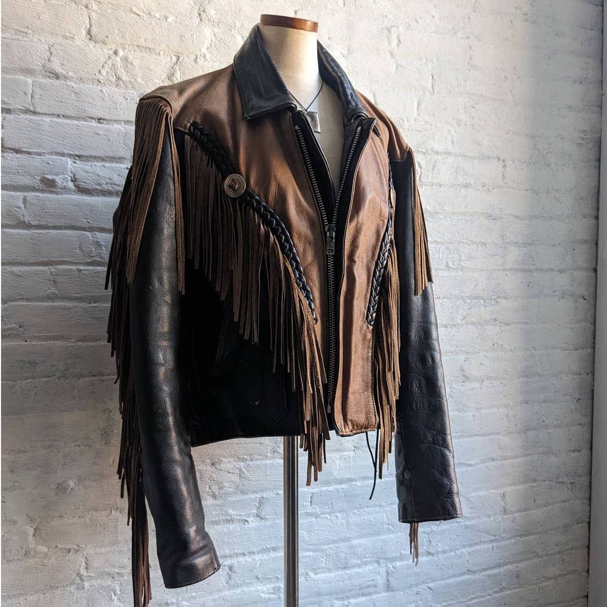 Vintage Two Tone Southwest Leather Fringe Biker Jacket Concho Motorcycle Western