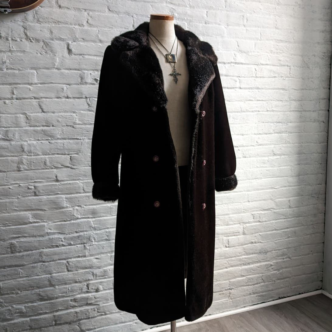 70s Vintage Vegan Velvet Fur Trench Coat Mob Wife Black Brown Penny Lane Jacket