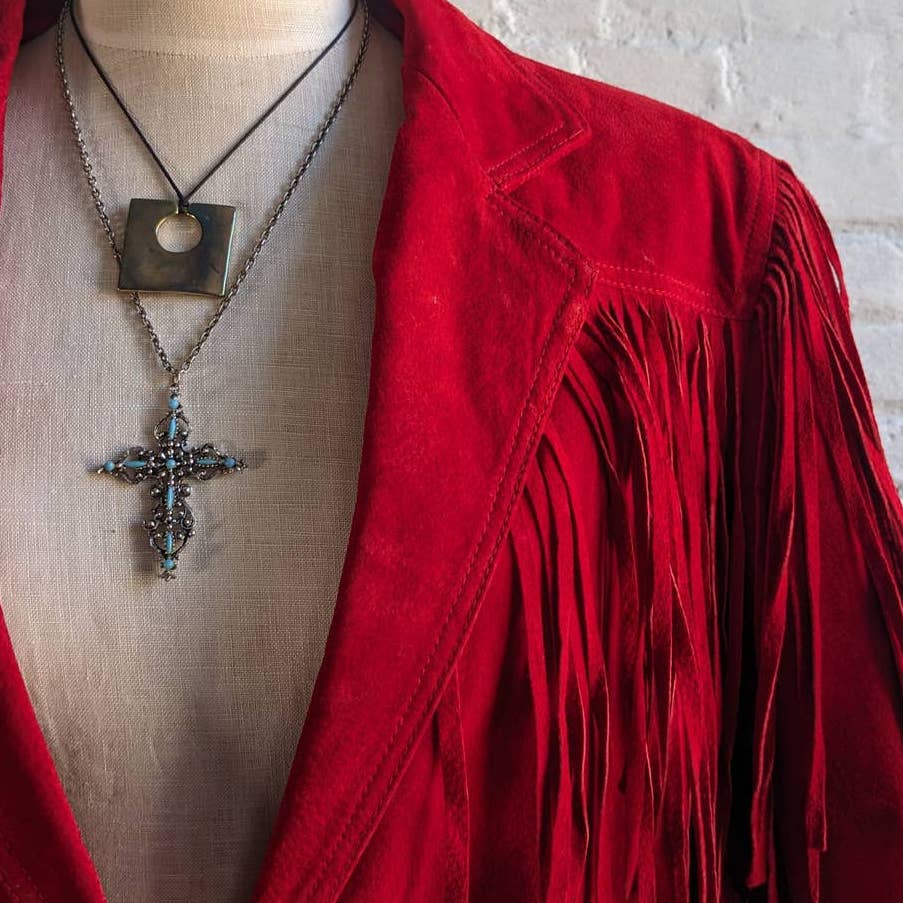 Vintage Cherry Red Suede Leather Fringe Southwest Biker Jacket Moto Western Coat