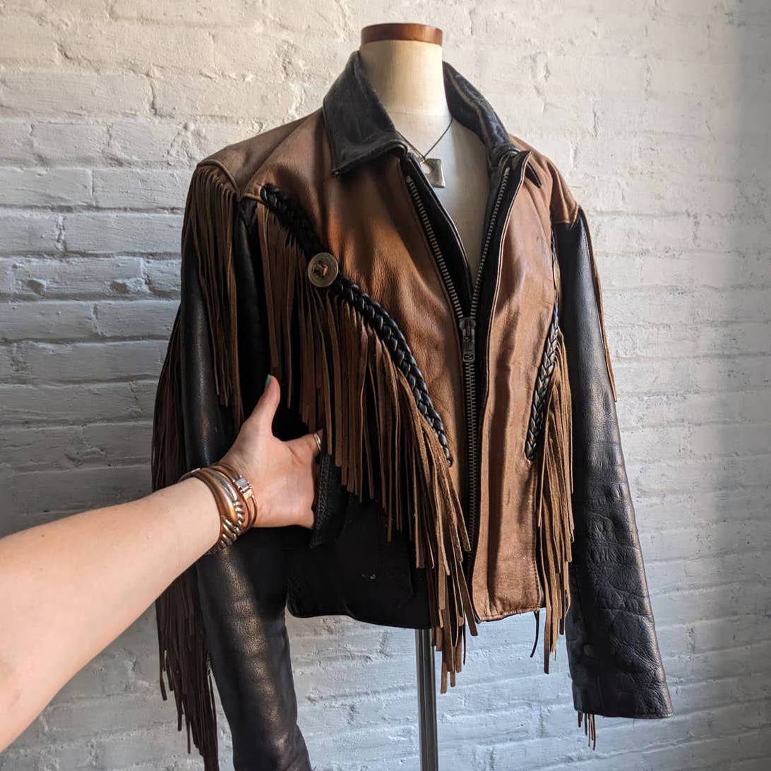 Vintage Two Tone Southwest Leather Fringe Biker Jacket Concho Motorcycle Western